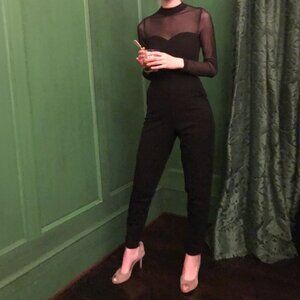 French Connection Long-Sleeve Black Mesh & Jersey Jumpsuit - XS